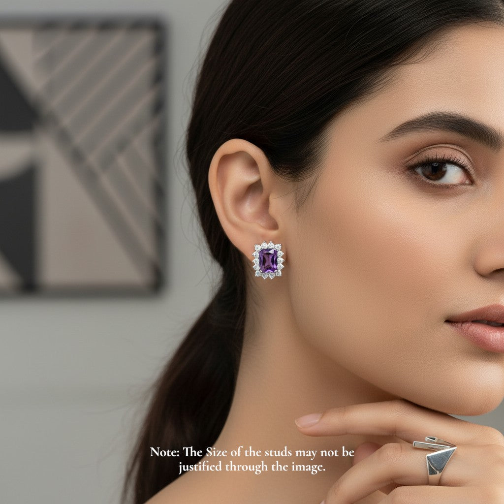 NAGPAL JEWELLERS The Azure Peak Drops rectangular amethyst earrings with halo of white stones, 92.5 silver.