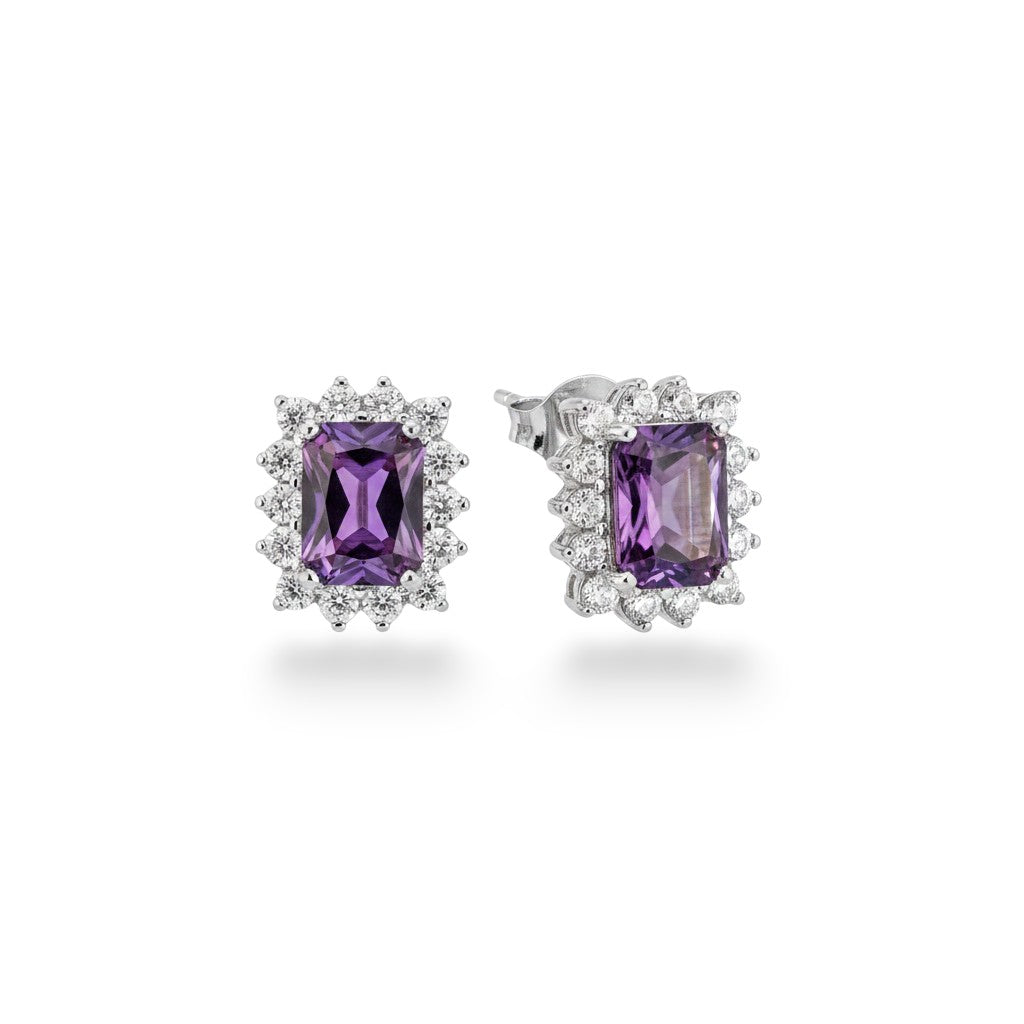 NAGPAL JEWELLERS The Azure Peak Drops, rectangular purple amethyst studs surrounded by small clear crystals, made of 92.5 silver.