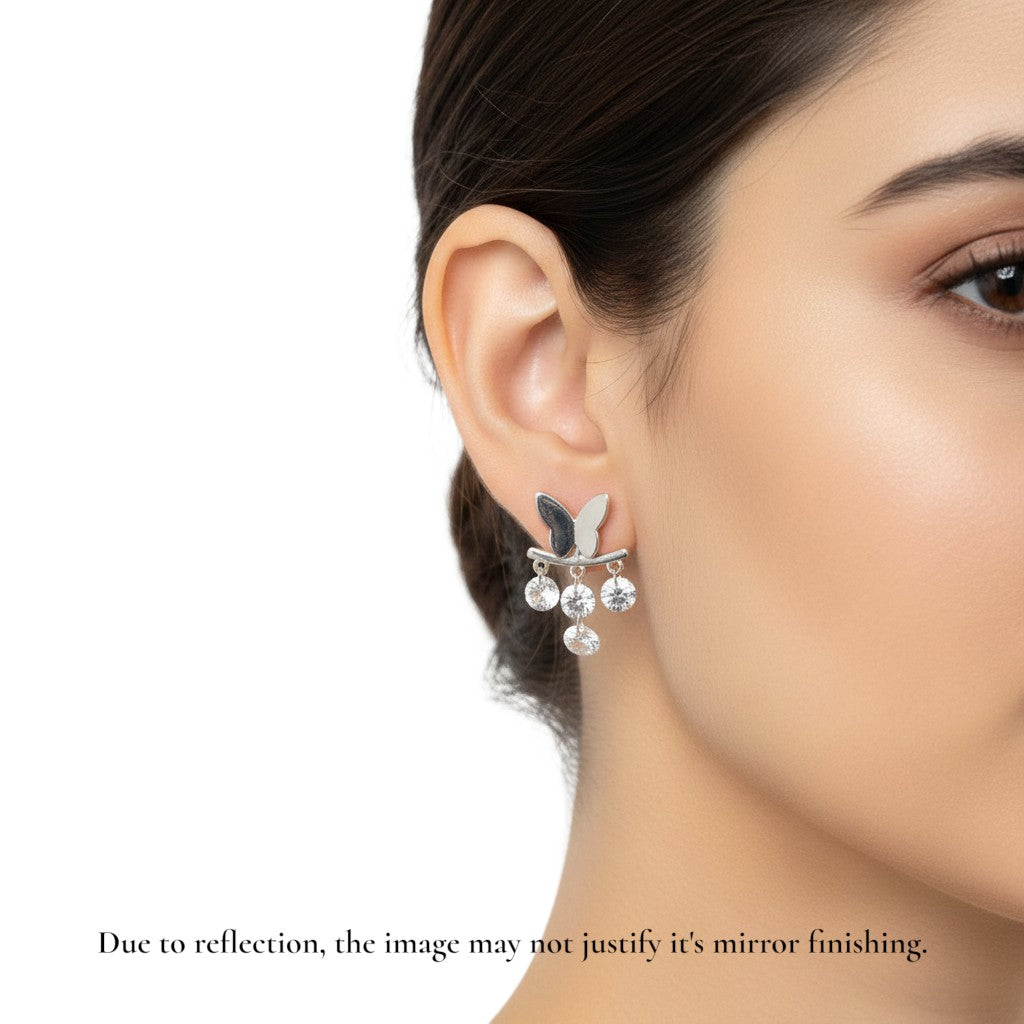 NAGPAL JEWELLERS Imperial Butterfly-Bar Chandelier Studs in 92.5 silver with dangling clear crystals.