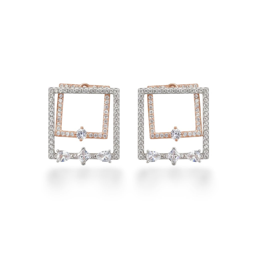 NAGPAL JEWELLERS Dual-Tone Infinity Frames earrings, crafted from 92.5 silver with rose gold accents and cubic zirconia.