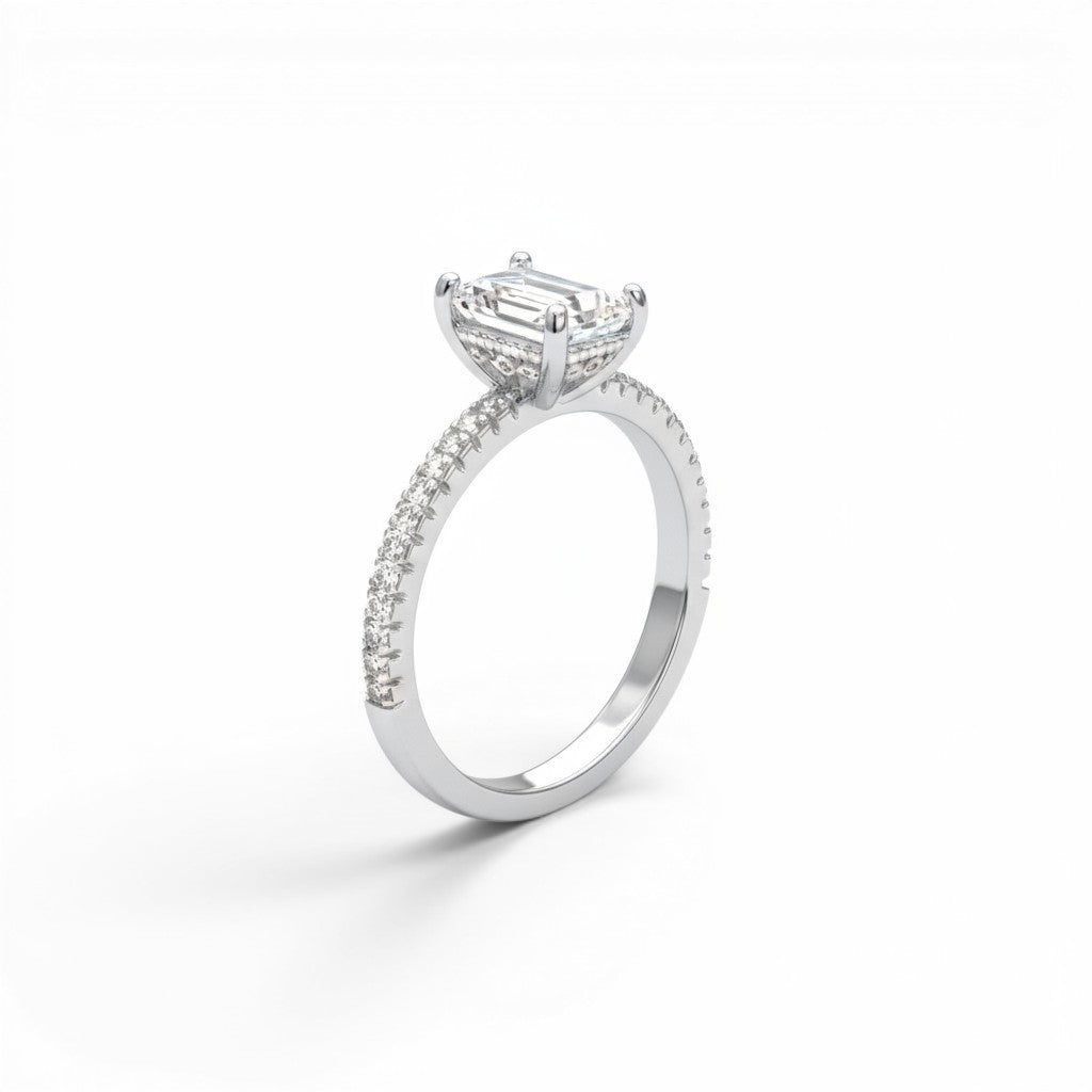 NAGPAL JEWELLERS white gold ring with emerald cut diamond and pavé band, size 14