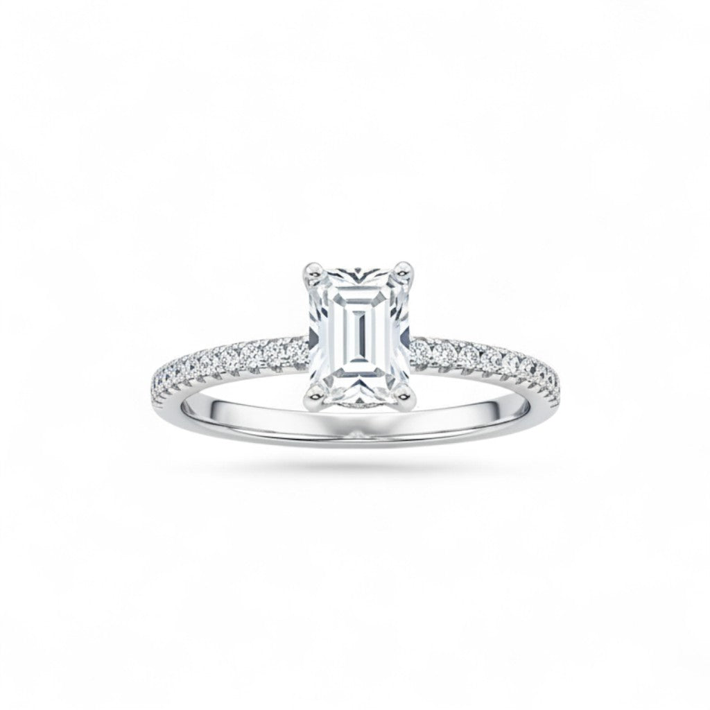 NAGPAL JEWELLERS silver ring with emerald cut diamond and pave band, size 14