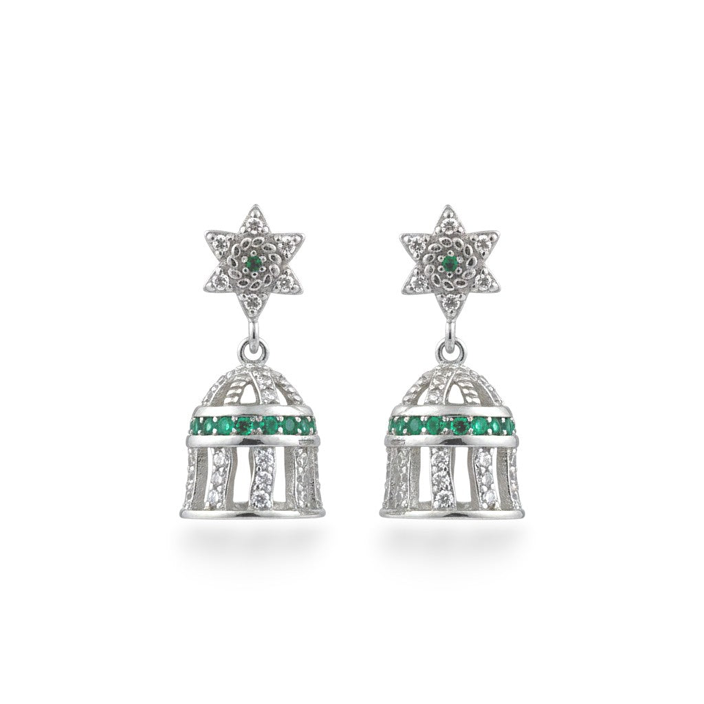 NAGPAL JEWELLERS Imperial Emerald-Encrusted Dome Danglers, 92.5 silver earrings with star studs and dome-shaped jhumkas encrusted with white and green stones.