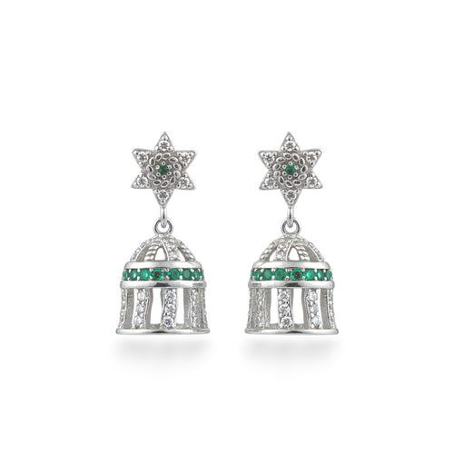 NAGPAL JEWELLERS Imperial Emerald-Encrusted Dome Danglers, 92.5 silver earrings with star studs and dome-shaped jhumkas encrusted with white and green stones.