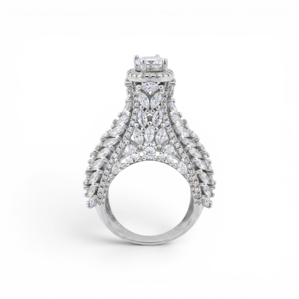NAGPAL JEWELLERS The Empress Cloak ring, size 15, crafted from silver and adorned with numerous clear cubic zirconia stones in marquise and pear shapes.