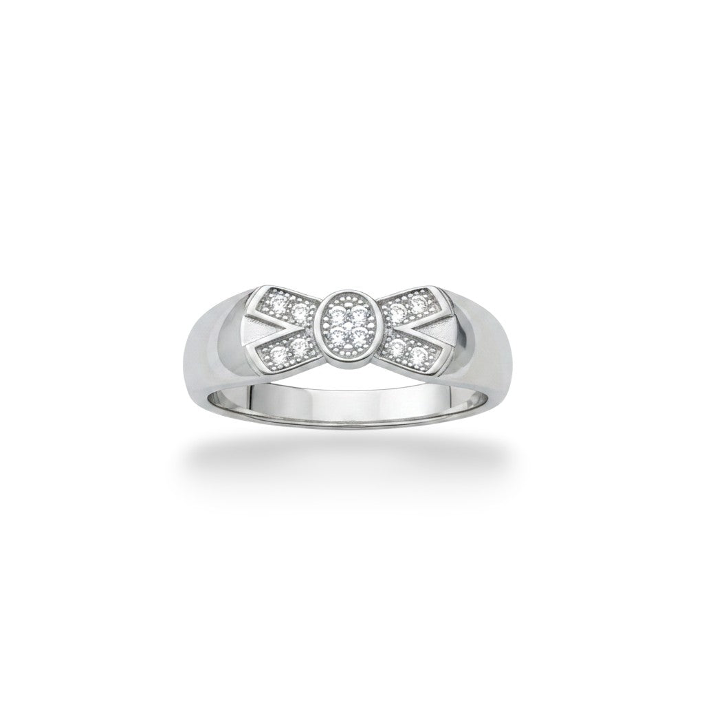 NAGPAL JEWELLERS silver ring with a diamond-encrusted bow design. Size 19.