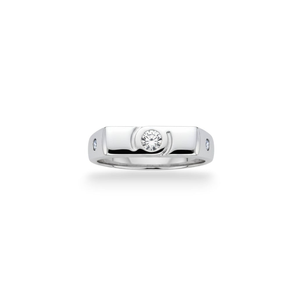 NAGPAL JEWELLERS The Essence Signet men's white gold ring with a central diamond and two smaller side diamonds.