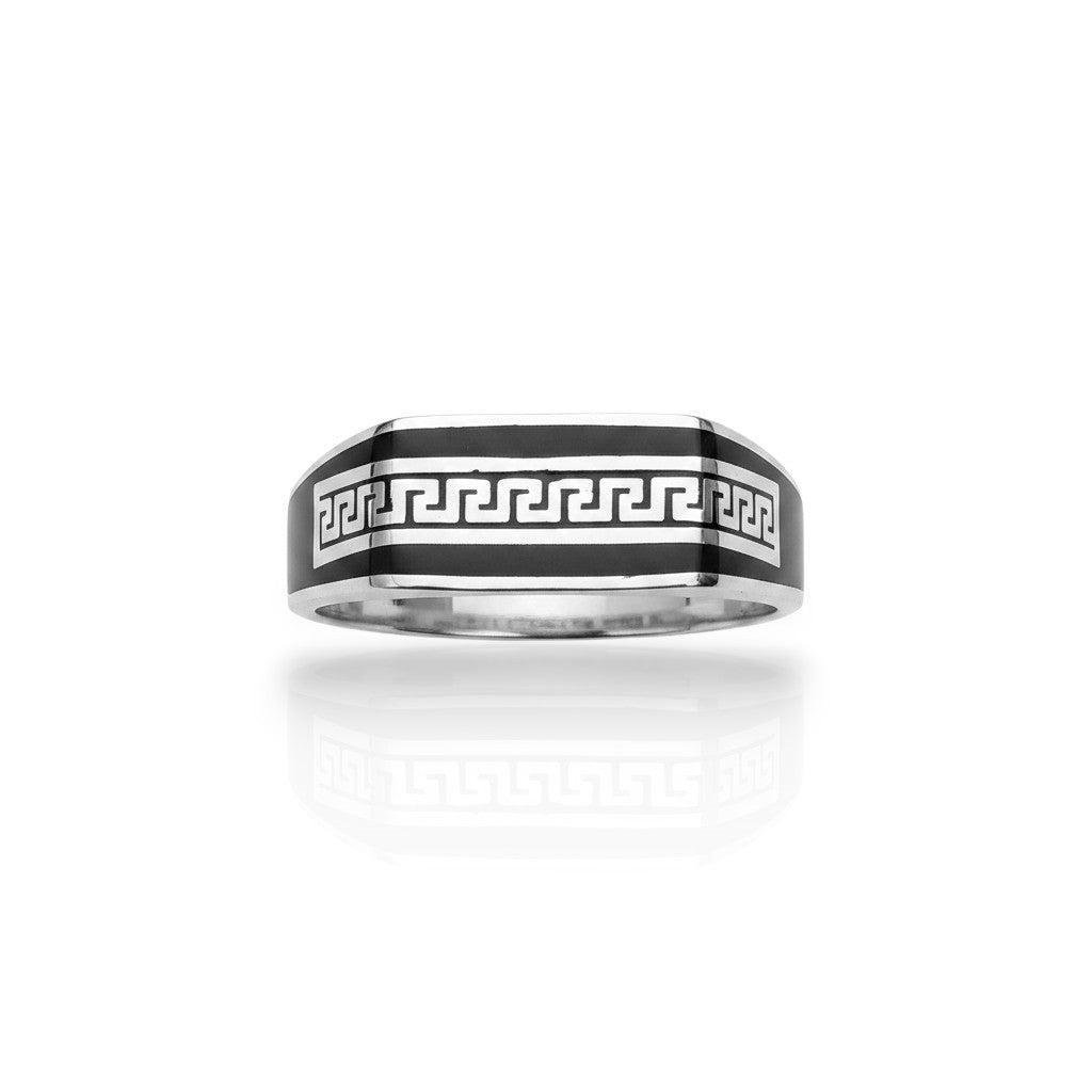 NAGPAL JEWELLERS The Eternal Link Band, a silver ring with a black inlay featuring a Greek key pattern. Ring size 23.