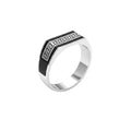 NAGPAL JEWELLERS The Eternal Link Band, a silver ring with a black inlay featuring a Greek key pattern. Ring size 23.