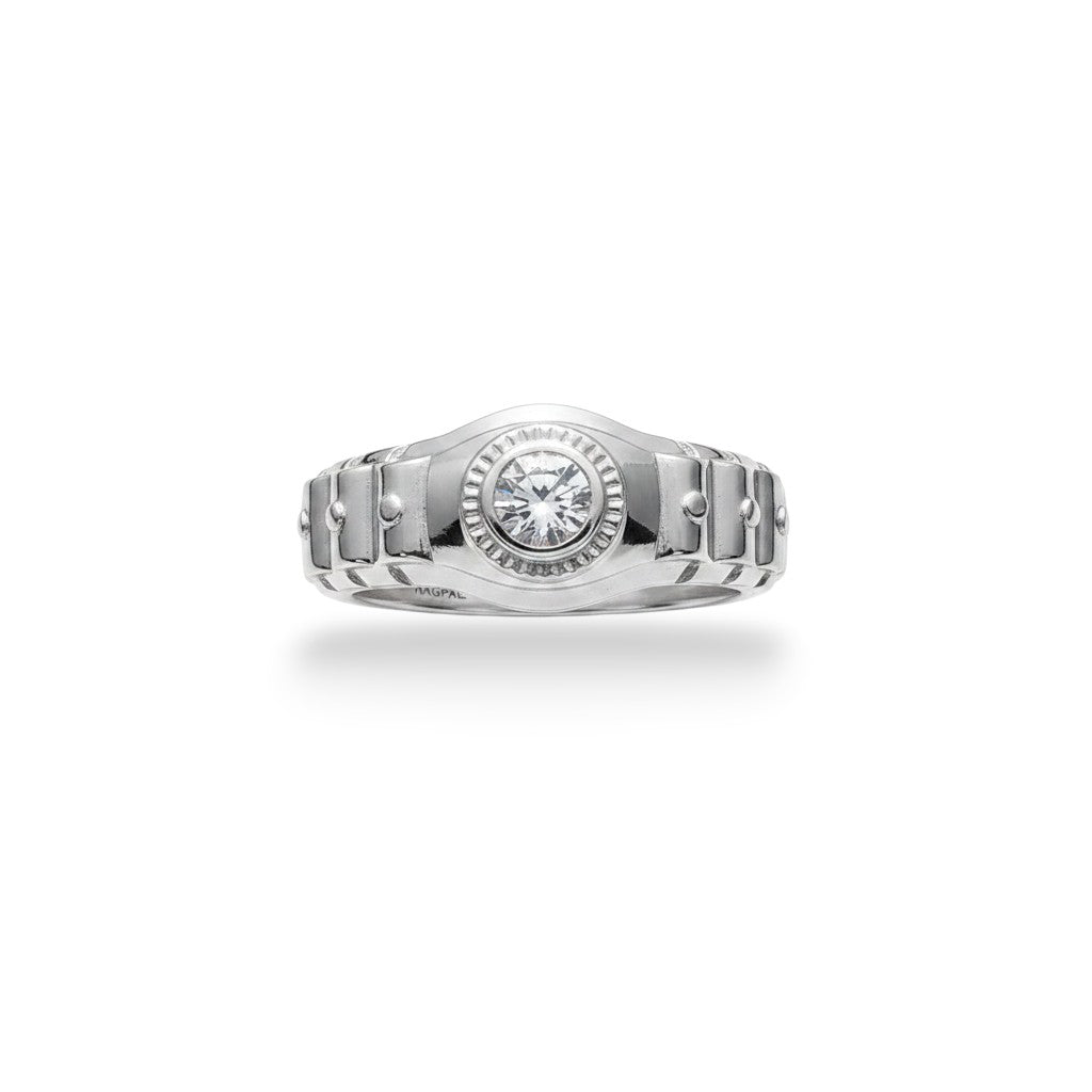 NAGPAL JEWELLERS silver ring with a central round diamond and forged link design, size 20.