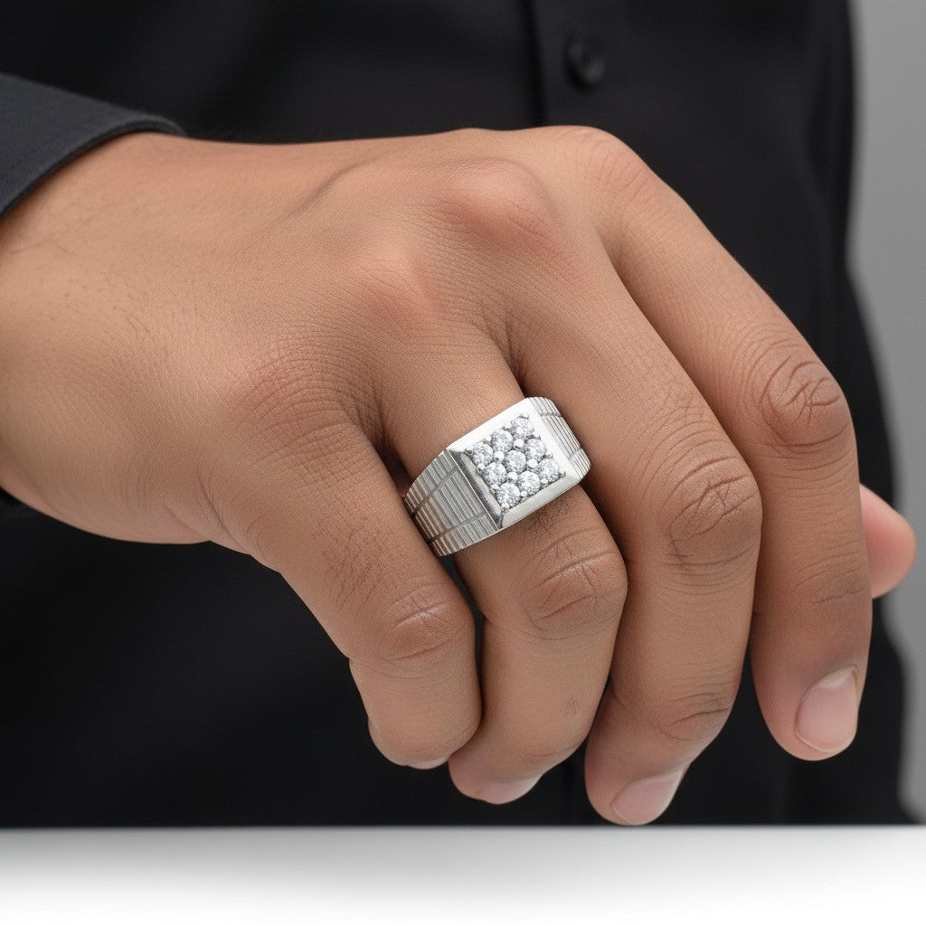 NAGPAL JEWELLERS The Gearhead Signet ring with diamonds on a hand, size 22.