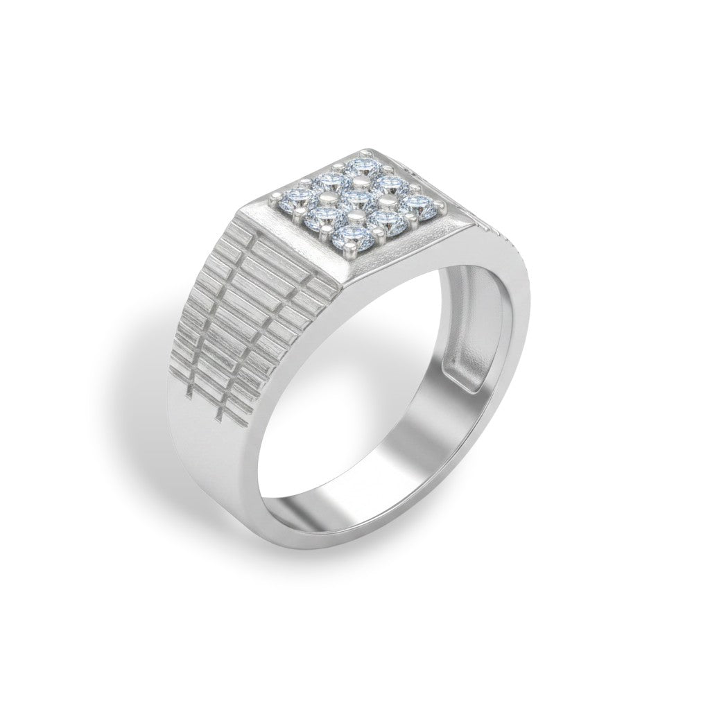 NAGPAL JEWELLERS The Gearhead Signet men's ring, size 22, silver-tone metal with a square face set with nine clear cubic zirconia stones.