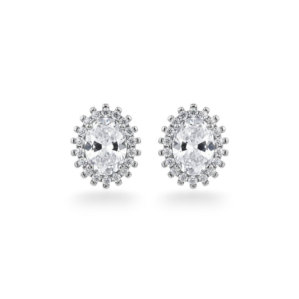 NAGPAL JEWELLERS Ginko Glitz oval stud earrings with halo of small diamonds, crafted from 92.5 silver.