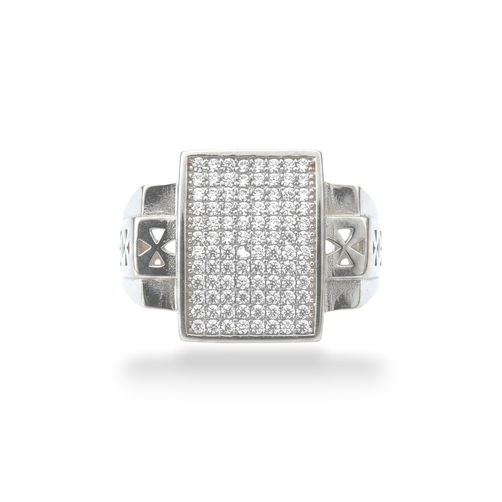NAGPAL JEWELLERS The Glace Rectangle Signet ring with pave set stones and Maltese cross details on the band.
