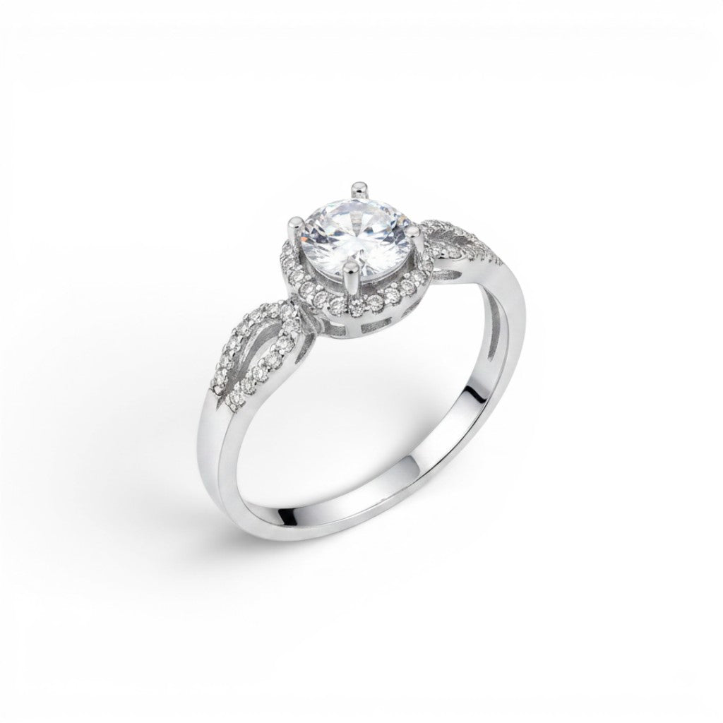 NAGPAL JEWELLERS The Graceful Halo-Split ring with a large center stone and diamond-accented band, size 15.