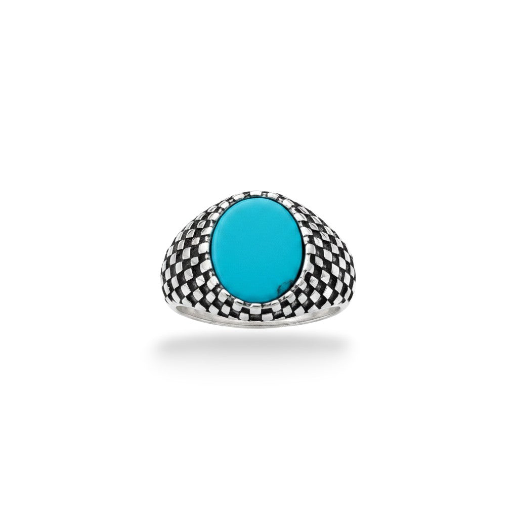 NAGPAL JEWELLERS The Gridiron Signet men's ring with turquoise stone and textured silver band, size 22.