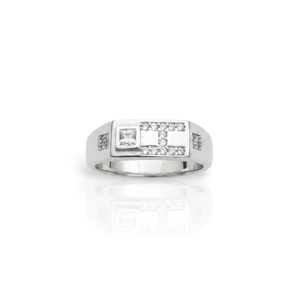 NAGPAL JEWELLERS The H-Monogram Signet ring in silver with cubic zirconia accents and a central square stone. Ring size 24.