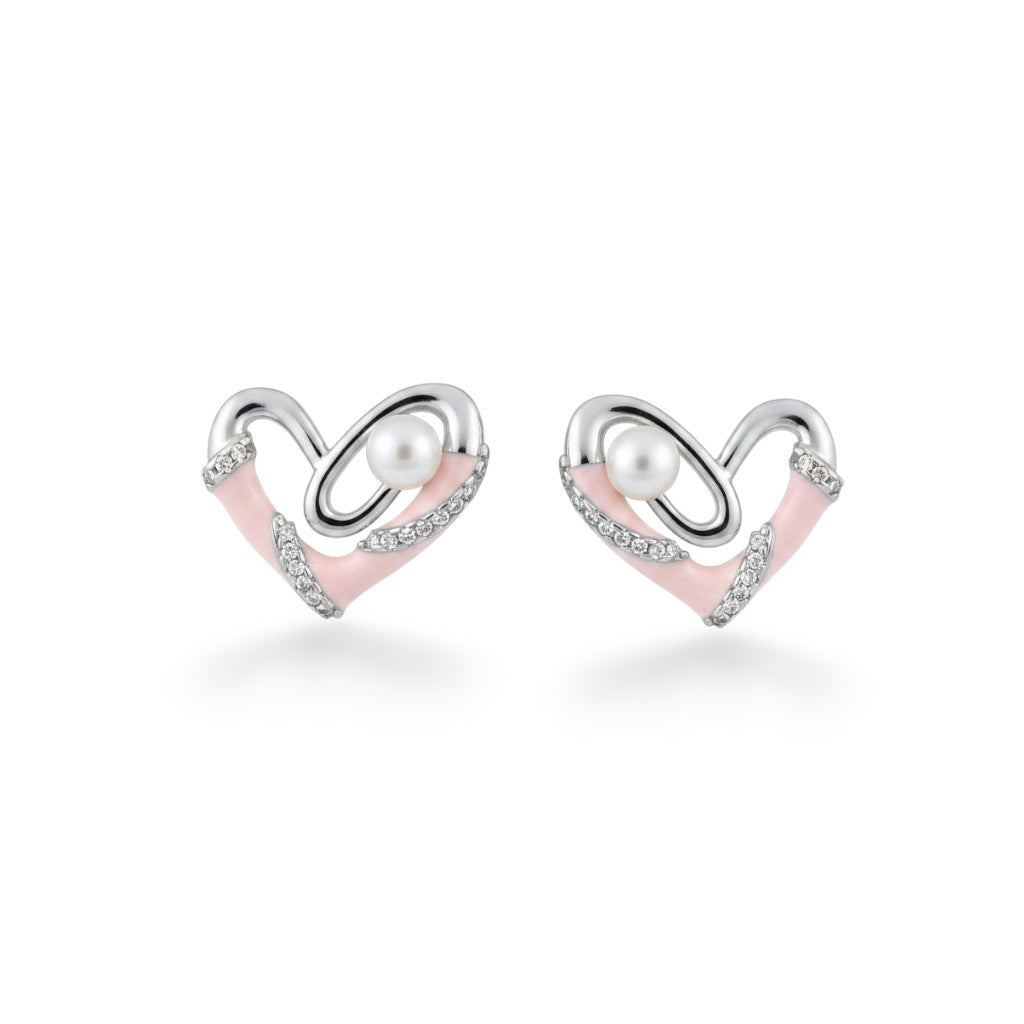 NAGPAL JEWELLERS heart-shaped earrings with pink enamel, pearls, and small diamonds. 92.5 silver.