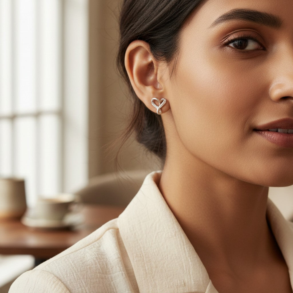 NAGPAL JEWELLERS Ethereal Heart Studs in 92.5 silver with small clear stones. Perfect for gifting.