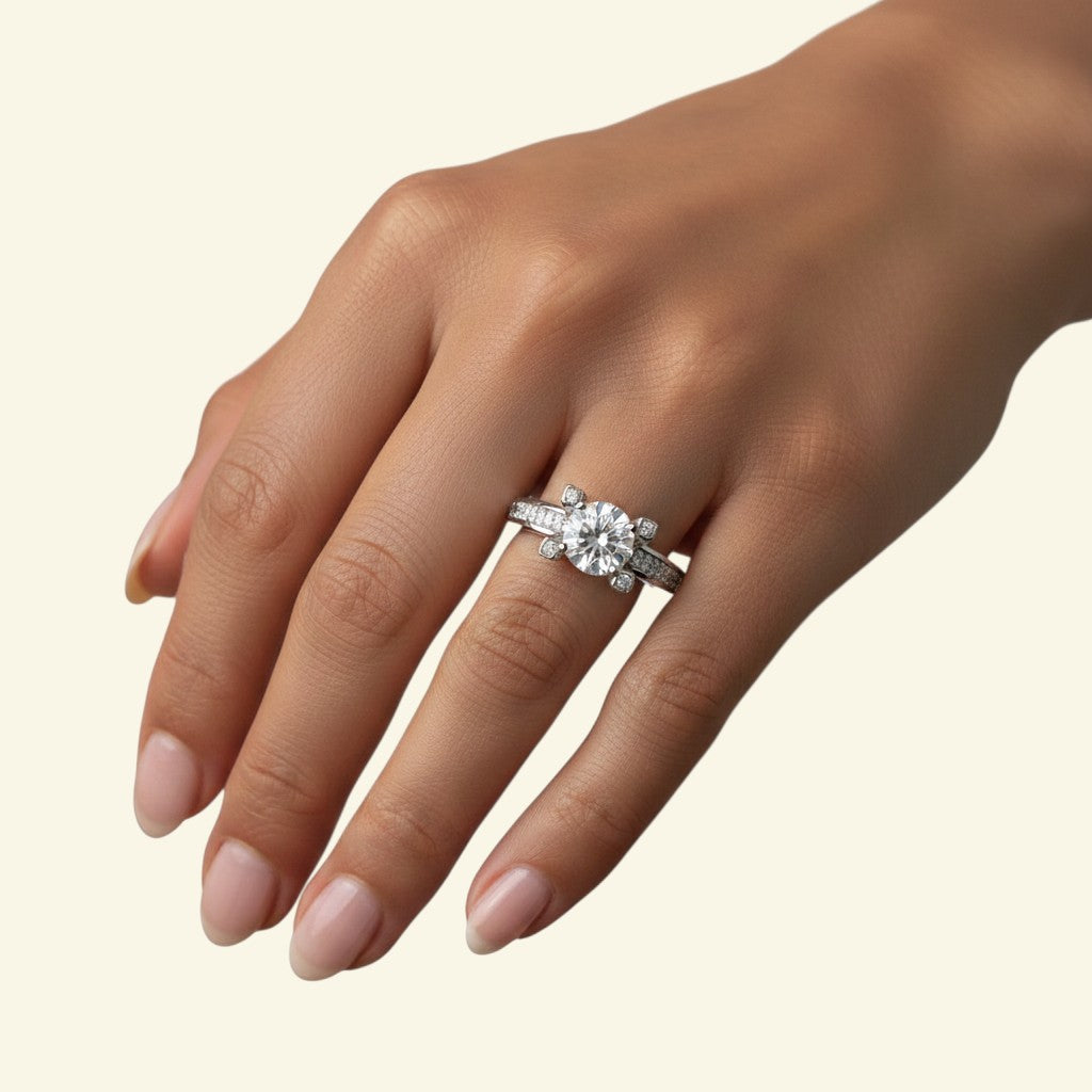 NAGPAL JEWELLERS Imperial Gala Ring, a solitaire diamond engagement ring with a pavé band and unique side stones.