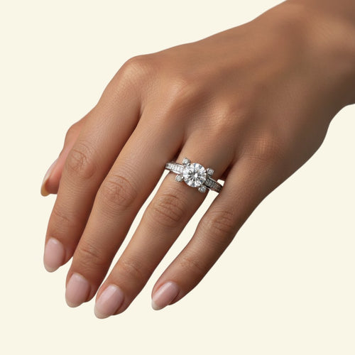 NAGPAL JEWELLERS Imperial Gala Ring, a solitaire diamond engagement ring with a pavé band and unique side stones.