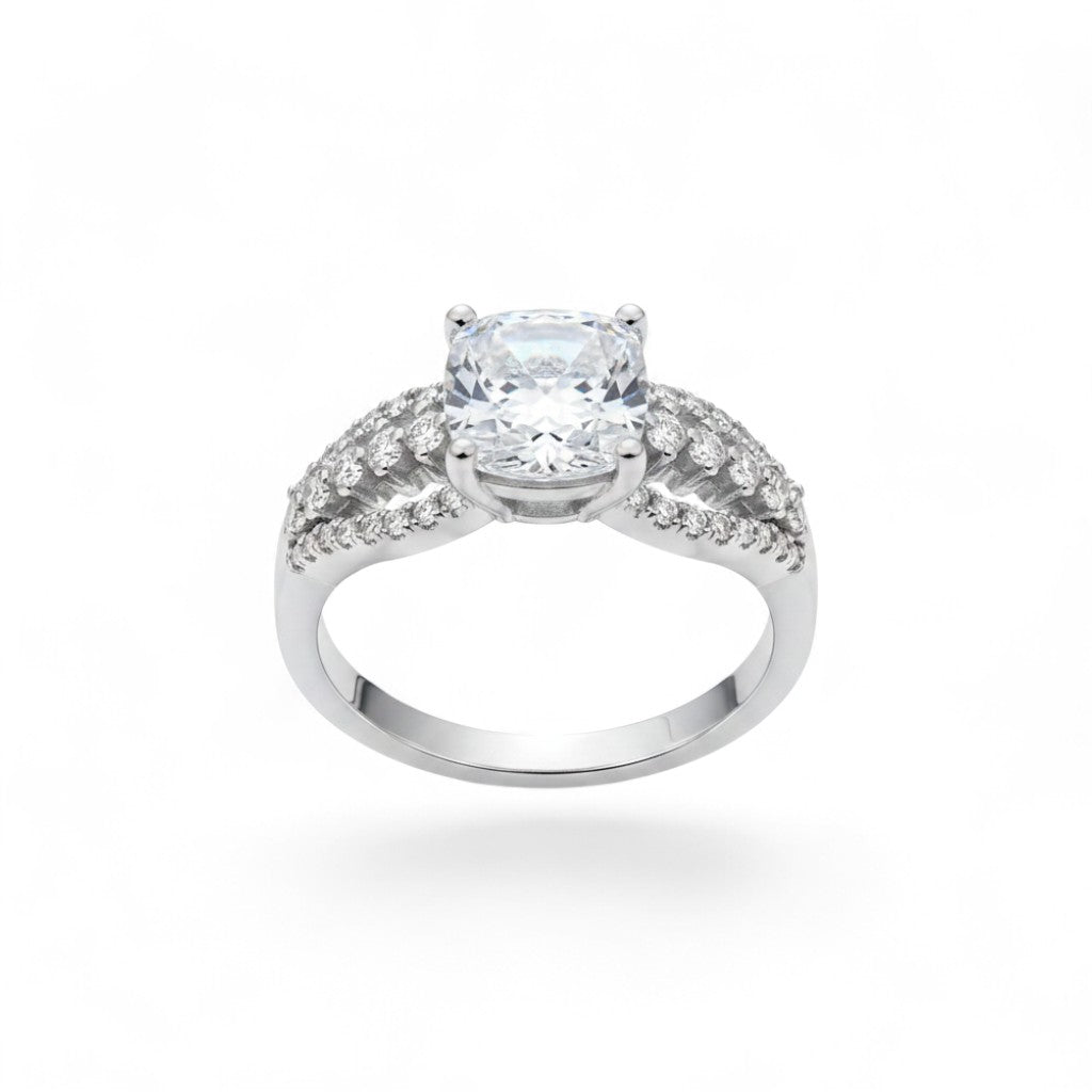 NAGPAL JEWELLERS The Infinity Knot ring with cushion-cut center stone and pave band, size 14.