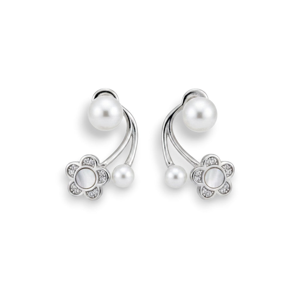 NAGPAL JEWELLERS Iridescent Flora Arcs earrings with pearls and floral accents, made of 92.5 silver.