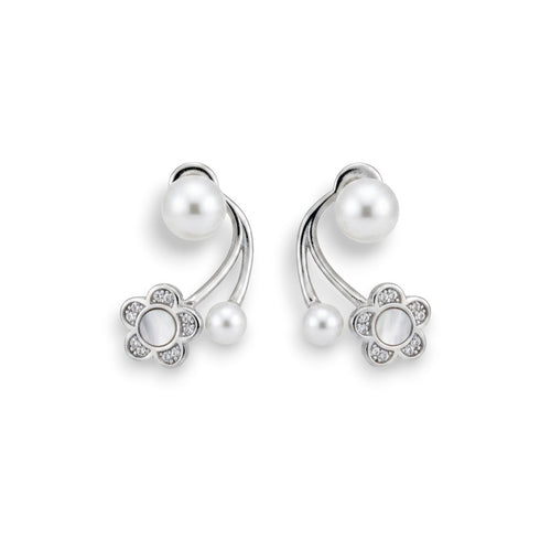 NAGPAL JEWELLERS Iridescent Flora Arcs earrings with pearls and floral accents, made of 92.5 silver.