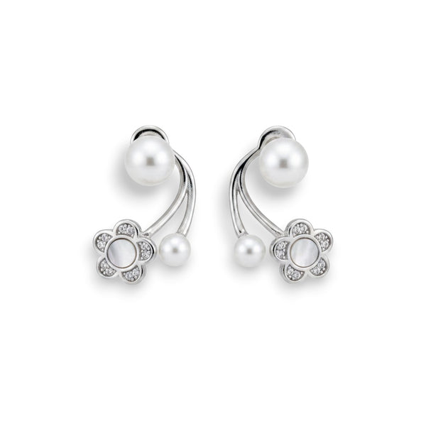 NAGPAL JEWELLERS Iridescent Flora Arcs earrings with pearls and floral accents, made of 92.5 silver.