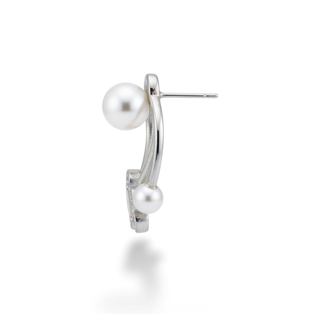 NAGPAL JEWELLERS Iridescent Flora Arcs earrings with pearls, mother of pearl, and cubic zirconia in 92.5 silver.