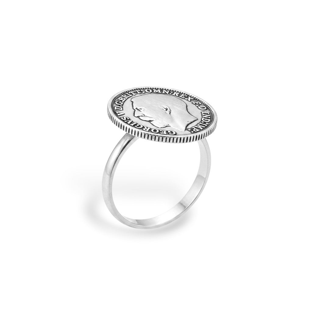 NAGPAL JEWELLERS silver ring featuring a King George V coin with detailed profile and text.