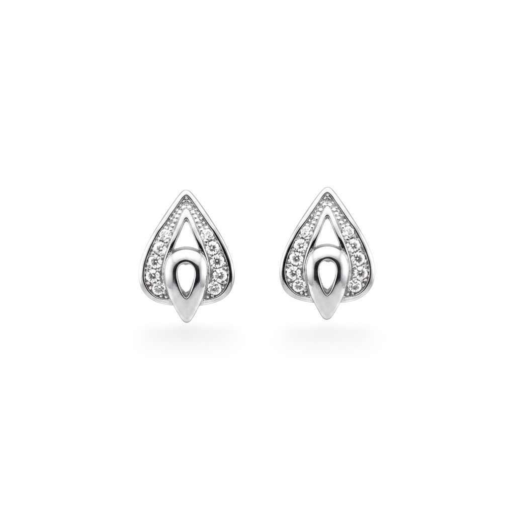 NAGPAL JEWELLERS Sterling Leafy Aura Studs, 92.5 silver earrings with pave-set cubic zirconia in a teardrop shape.