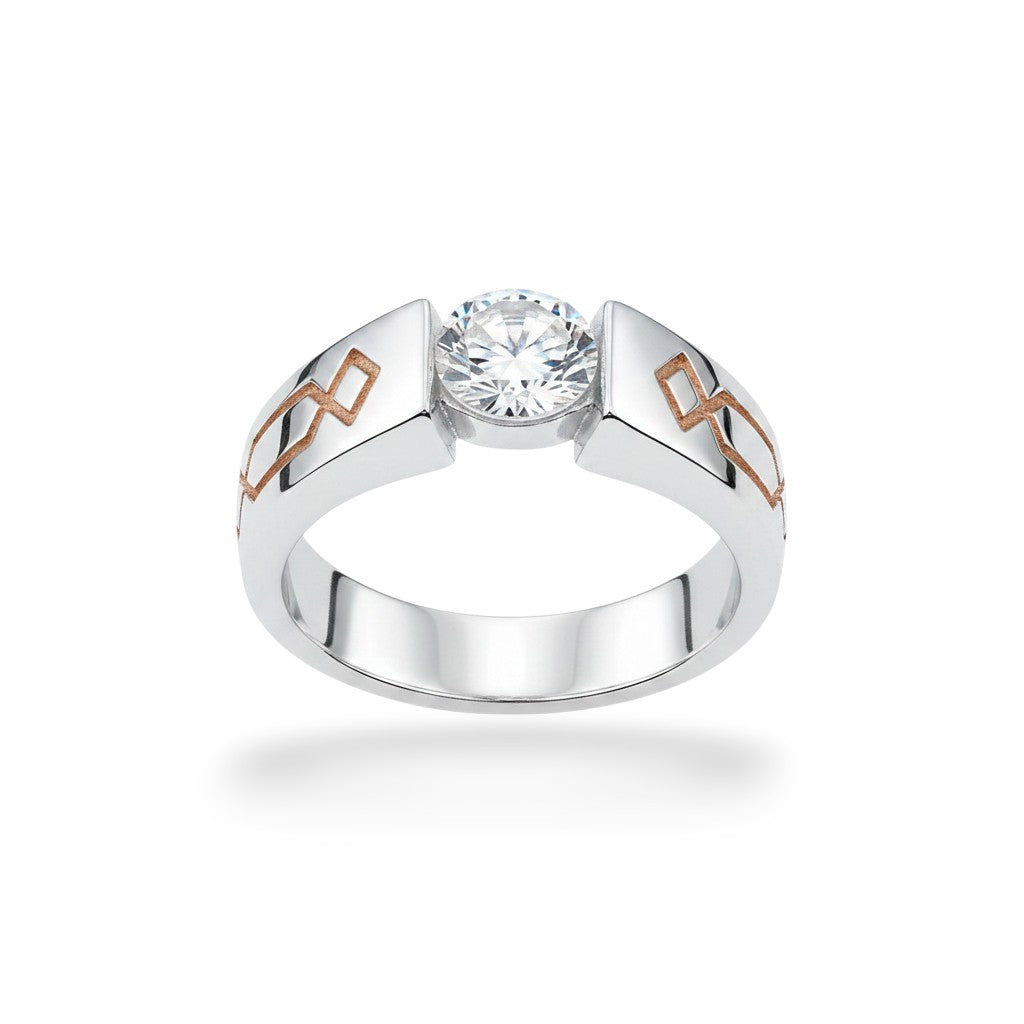 NAGPAL JEWELLERS silver ring with a clear stone and linear motif design, size 16.