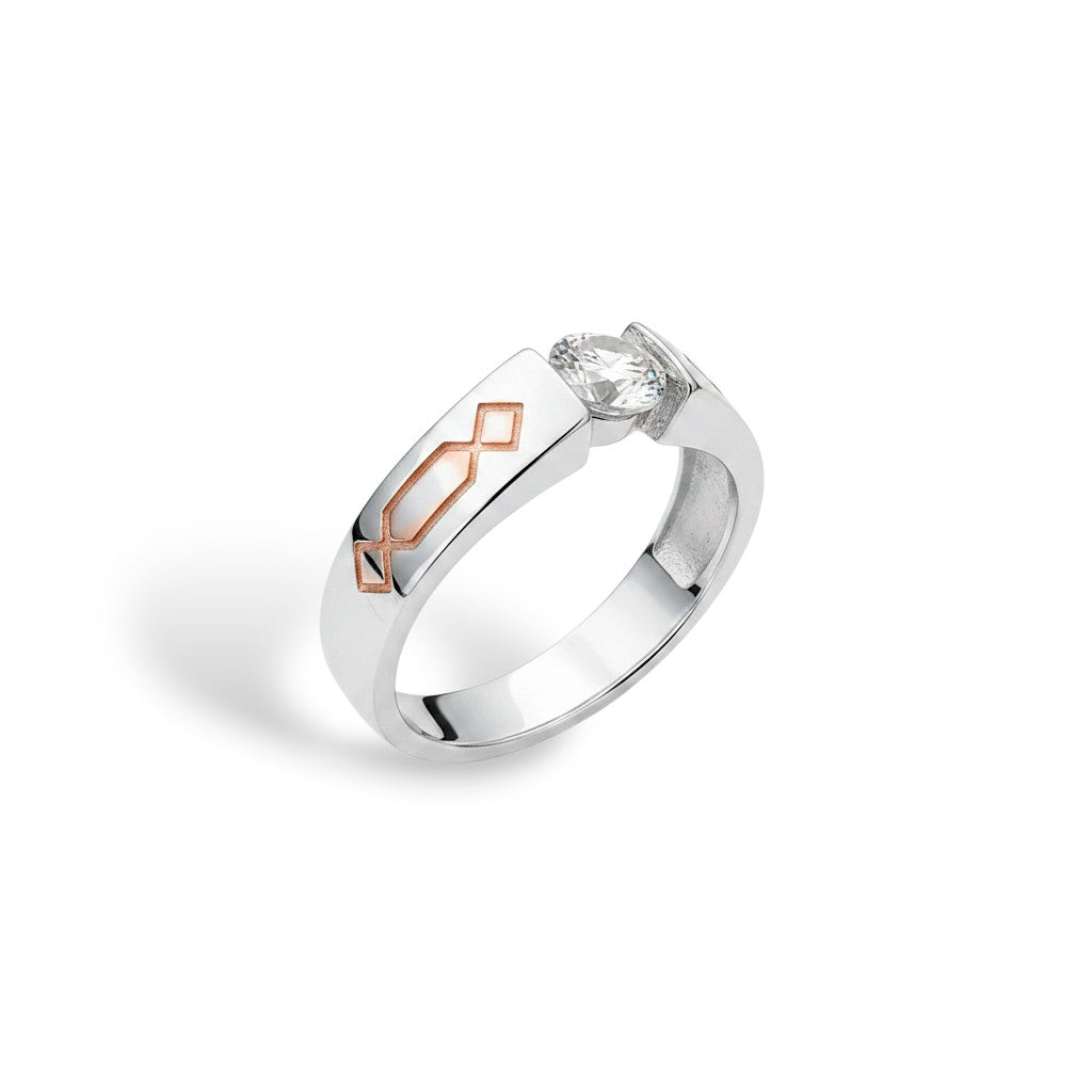 NAGPAL JEWELLERS silver band ring with a clear stone and linear copper motif, size 16