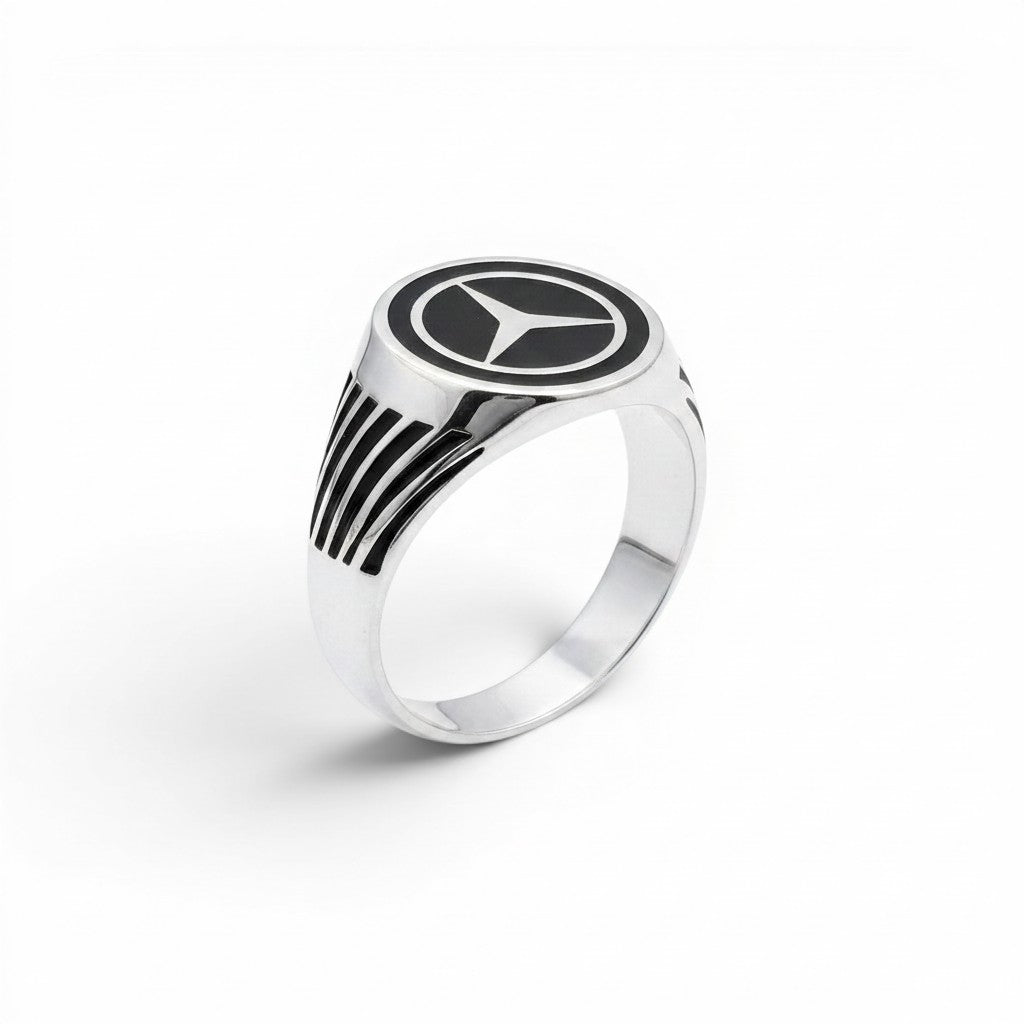 NAGPAL JEWELLERS silver ring with Mercedes-Benz logo and black enamel detail, size 25.