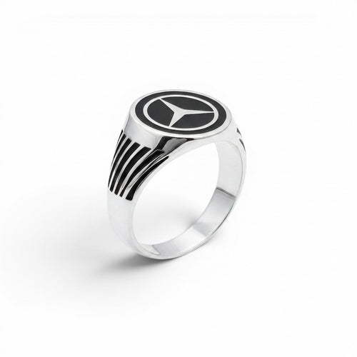 NAGPAL JEWELLERS silver ring with Mercedes-Benz logo and black enamel detail, size 25.