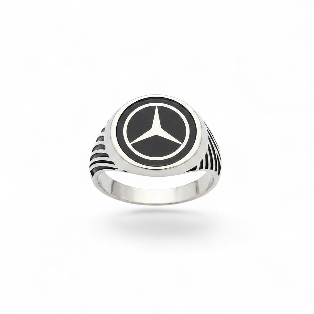NAGPAL JEWELLERS silver Mercedes star ring, size 25, with engraved band detail.