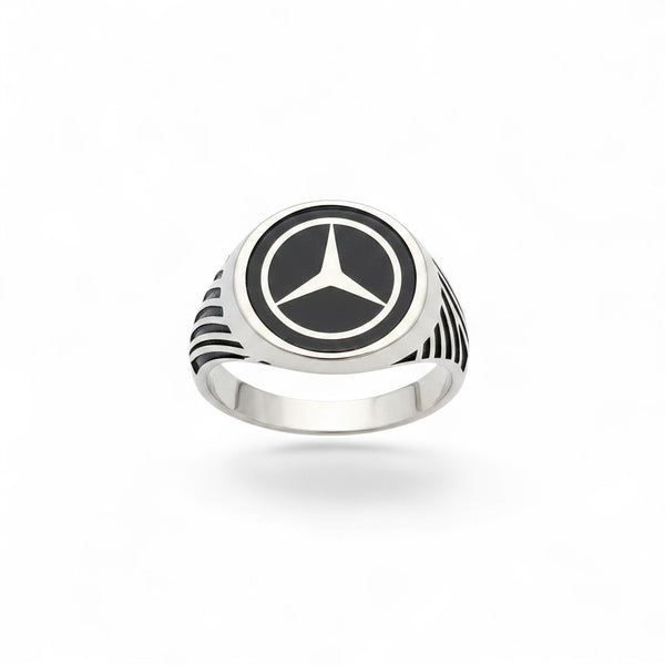 NAGPAL JEWELLERS silver Mercedes star ring, size 25, with engraved band detail.