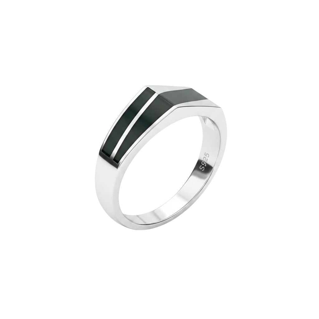 NAGPAL JEWELLERS The Onyx Prism Band ring, size 24, featuring a geometric design with black onyx and silver inlays.