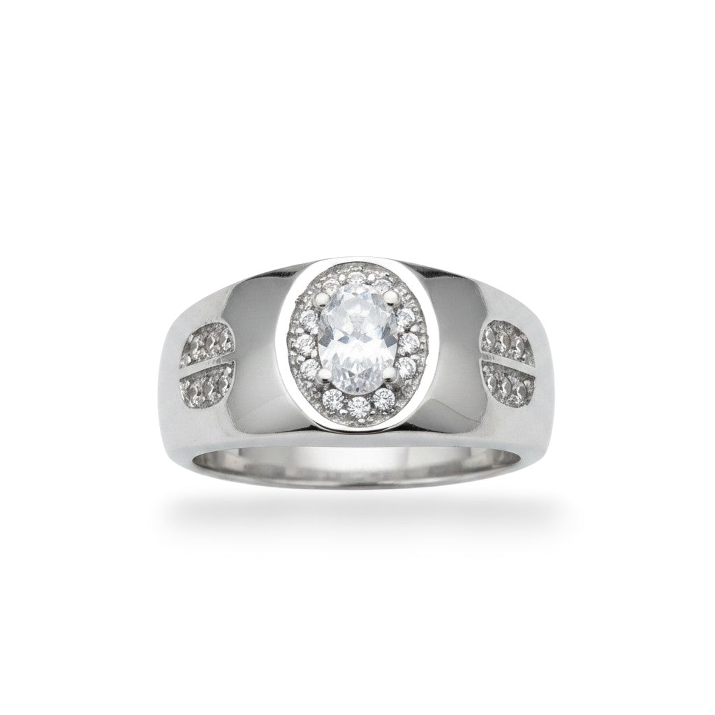 NAGPAL JEWELLERS men's silver ring with oval solitaire and small accent stones, size 20.