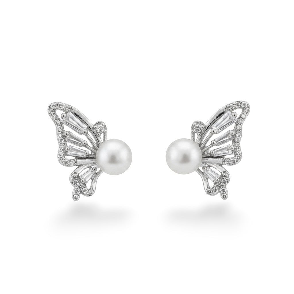 NAGPAL JEWELLERS The Pearl Butterfly Muse 92.5 silver earrings with pearls and baguette crystals.