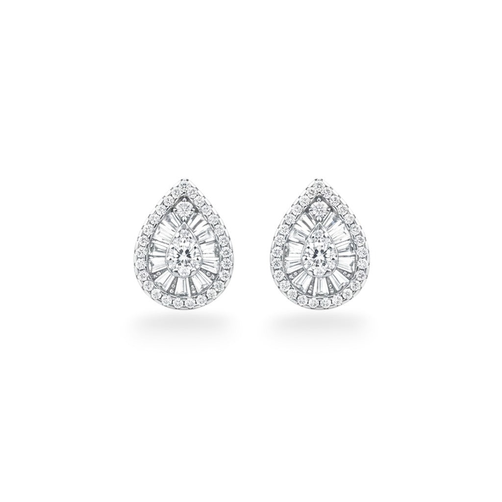 NAGPAL JEWELLERS The Majestic Petal-Cut Halo 92.5 silver teardrop earrings with baguette and round diamonds.