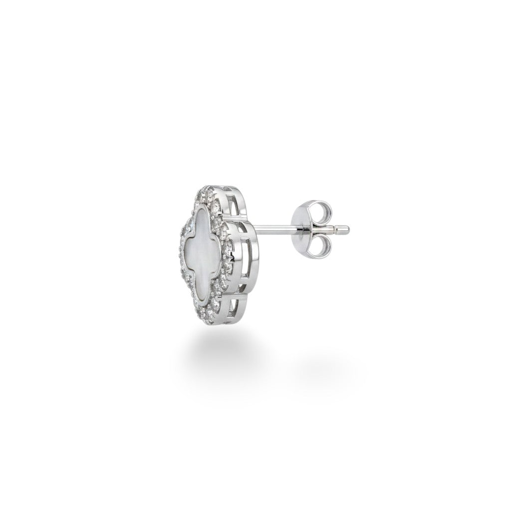 NAGPAL JEWELLERS The Serene Quatrefoil Studs, 92.5 silver earrings with mother of pearl inlay and diamond accents.