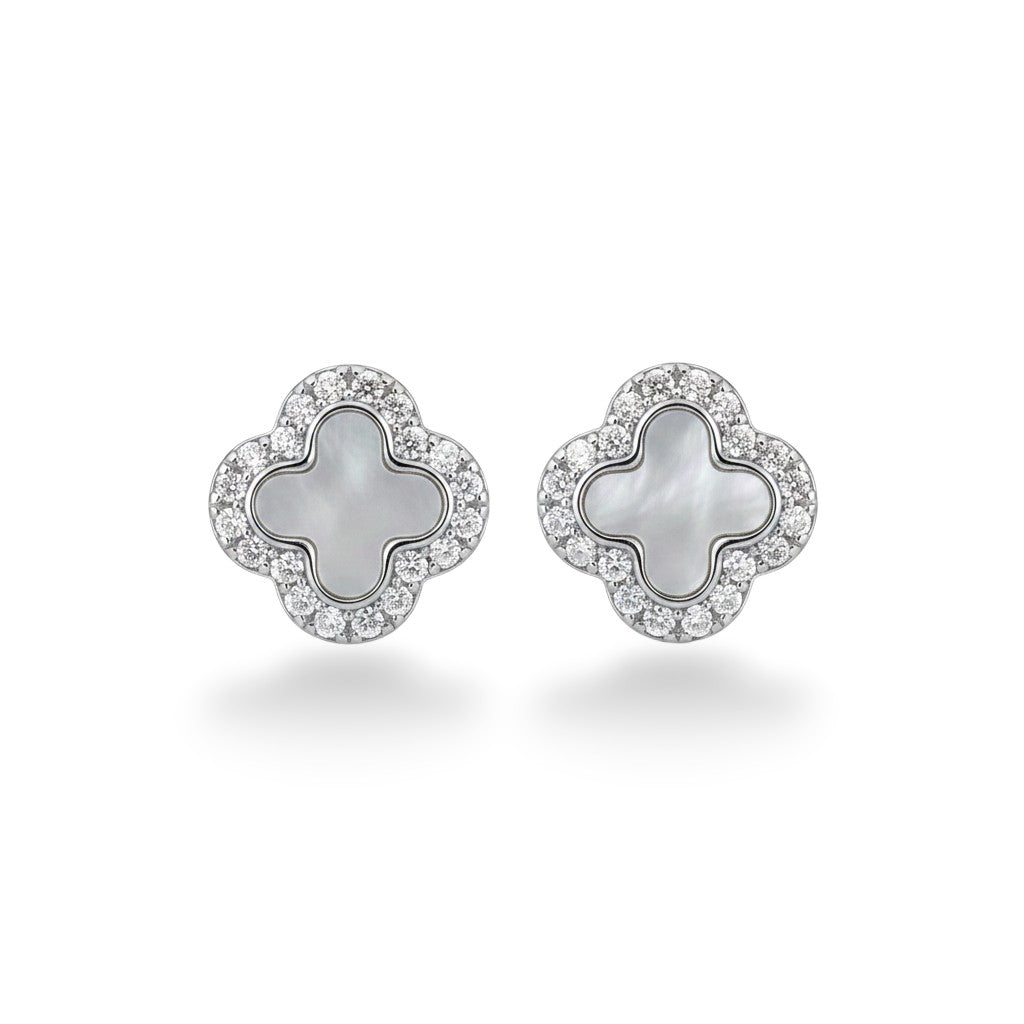 NAGPAL JEWELLERS Serene Quatrefoil Studs earrings in 92.5 silver with mother of pearl inlay and cubic zirconia.