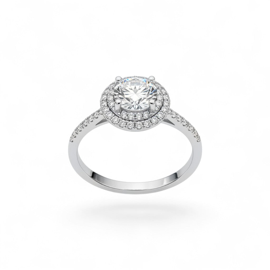 NAGPAL JEWELLERS The Regal Glow diamond halo engagement ring, size 12, white gold band with pavé details.