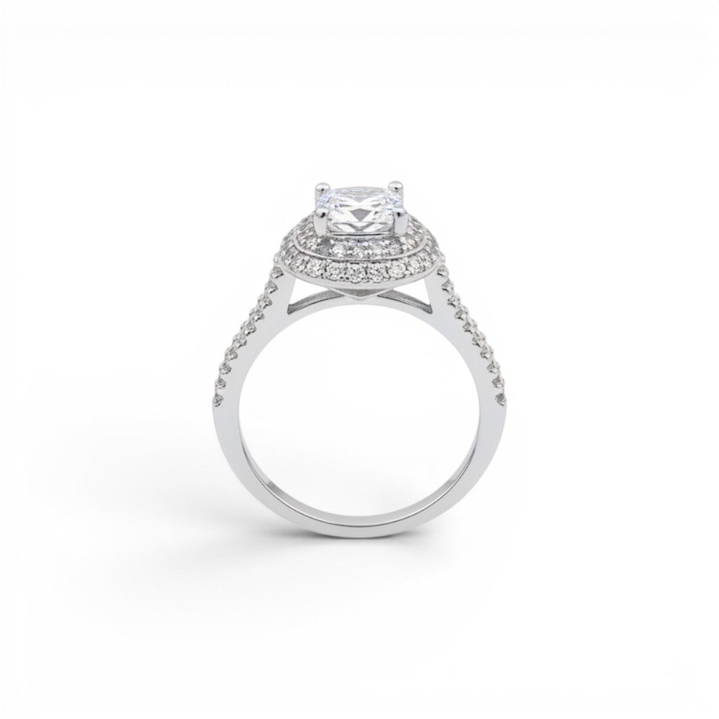 NAGPAL JEWELLERS The Regal Glow diamond engagement ring, size 12, with a double halo and pavé band.