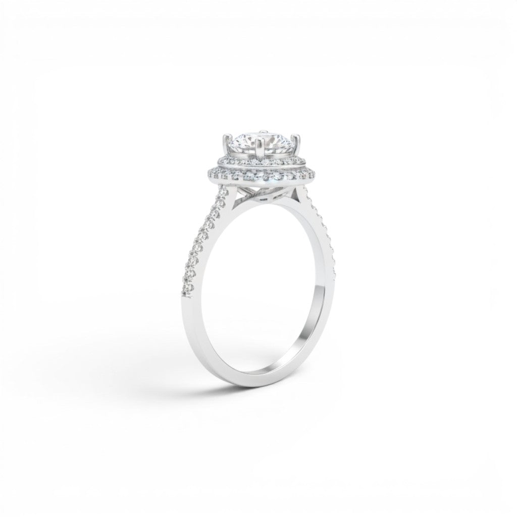 NAGPAL JEWELLERS The Regal Glow ring, size 12, featuring a central round-cut diamond surrounded by a double halo of smaller stones on a silver band.