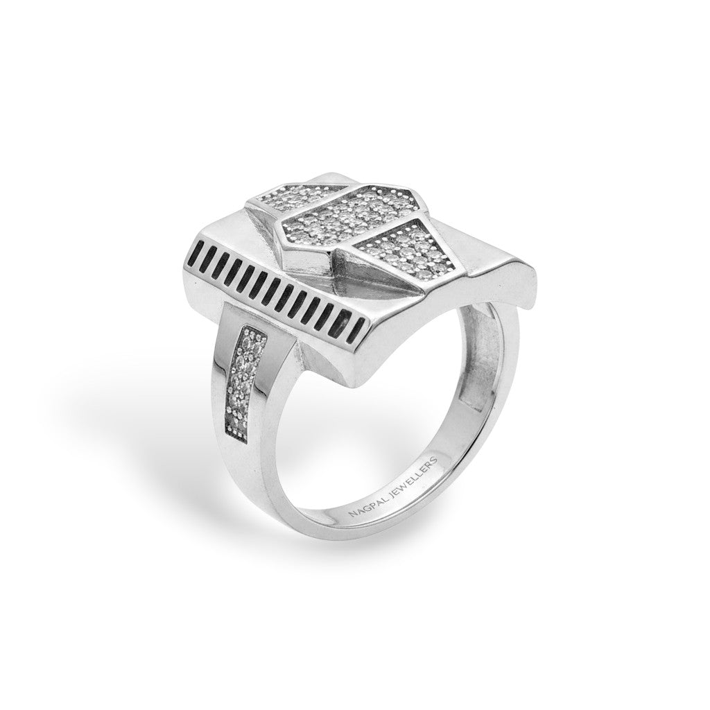 NAGPAL JEWELLERS Royal Hexa Crown Ring, size 18, silver with pave cubic zirconia stones in a geometric crown design.