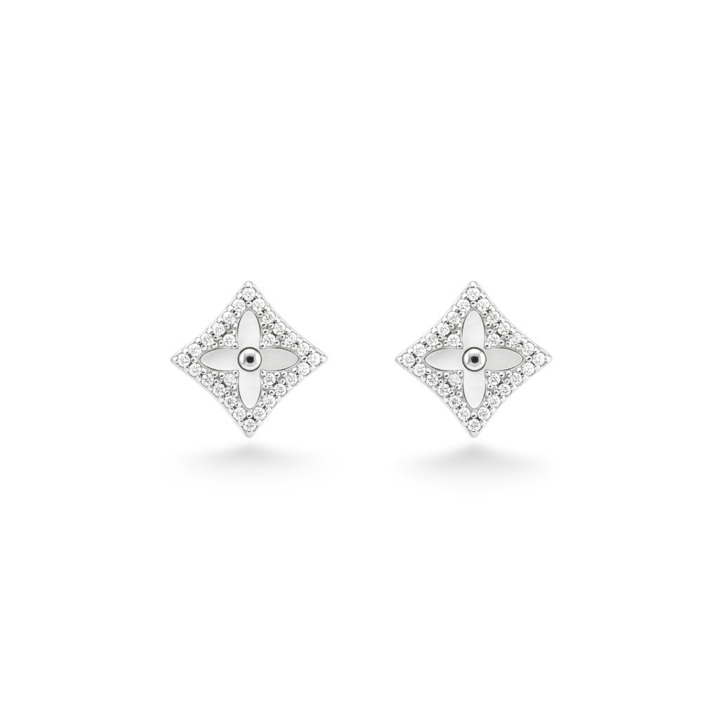 NAGPAL JEWELLERS Royal Petal Rhombus earrings in 92.5 silver with white enamel and cubic zirconia.