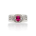 NAGPAL JEWELLERS men's silver ring with a large oval ruby and small diamond accents. Ring size 19.